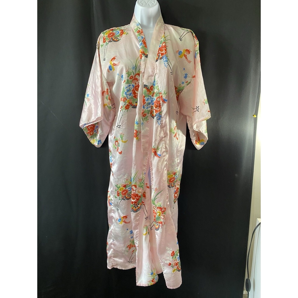 Ichi Ban Women's Japanese Geisha Kimono Pink Floral Print Open Robe Size Large
